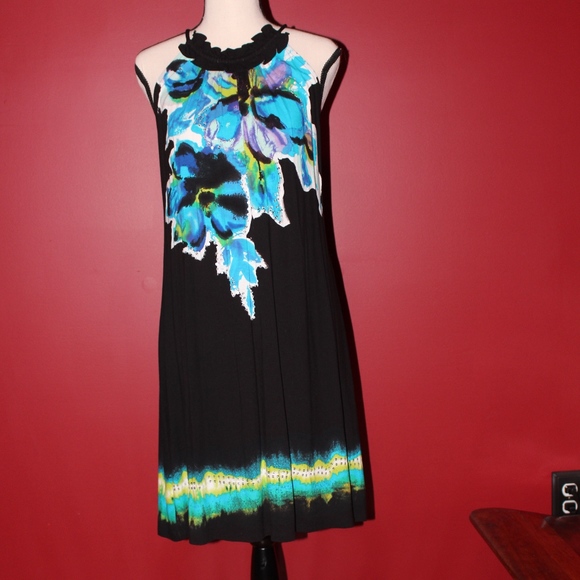 INC black dress with turquoise flowers Med    B8 - Picture 1 of 6